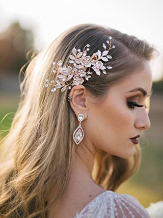 SWEETV Wedding Hair Clip Rhinestone Bridal Hair Comb for Wedding Hair Accessories for Brides Wedding Hair Piece Headpiece for Women, Light Rose Gold