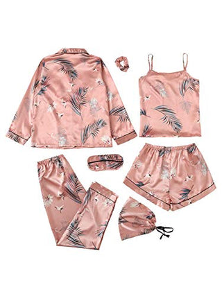 SheIn Women's 7pcs Pajama Set Cami Pjs with Shirt and Eye Mask Pink Crane Medium