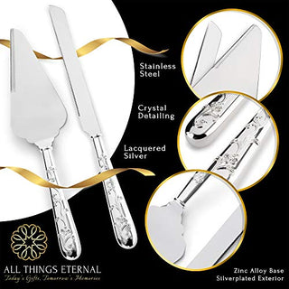 Wedding Cake Knife and Server Set, Silver-Plated with Hand-Set Crystals - Decorative Cutting and Serving Utensils for Cakes, Pie - Wedding Accessories and Gifts for Bride and Groom
