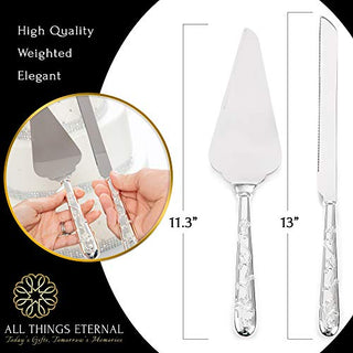 Wedding Cake Knife and Server Set, Silver-Plated with Hand-Set Crystals - Decorative Cutting and Serving Utensils for Cakes, Pie - Wedding Accessories and Gifts for Bride and Groom