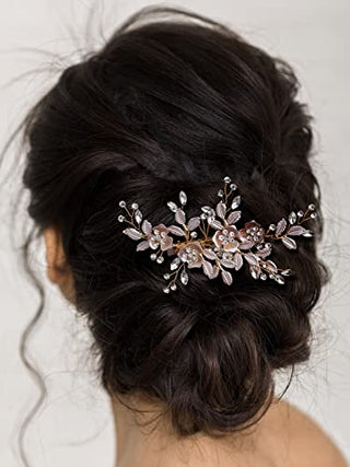 SWEETV Wedding Hair Clip Rhinestone Bridal Hair Comb for Wedding Hair Accessories for Brides Wedding Hair Piece Headpiece for Women, Light Rose Gold