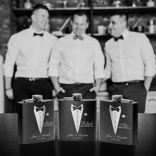 Set of 6, Groomsmen Gifts for Wedding - Personalized Groomsmen Flasks w/Optional Gift Box, Bachelor Party Team, 6 oz. Custom Engraved Hip Flasks for Best Man and Groomsman Proposal