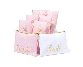 Heather & Willow 8 Piece Set | Bride Tribe Bridesmaid Gifts Bags, Canvas Makeup Bags Cosmetic Clutch & Purse | Bachelorette Party Favors | Bridesmaid Proposal Box for Wedding Bridal Shower - Blush