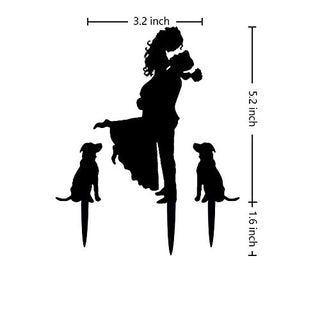Wedding Cake Topper - Bride Hold Groom with Flowers Besides 2 Pet Dogs Silhouette Cake Decoration (Black)