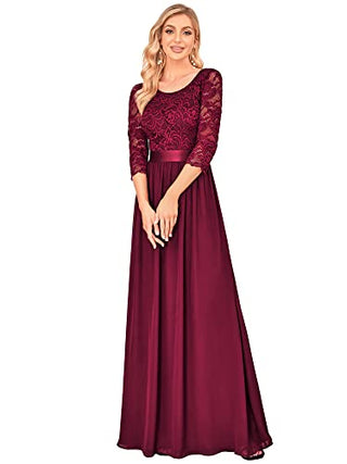 Ever-Pretty Women Lace Elegant 3/4 Sleeve Chiffon Maxi Wedding Guest Dress Burgundy US10