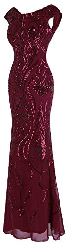 Angel-fashions Women's Bateau Cap Sleeve Floral Sequin Sheath V Back Evening Dress (XL, Red)