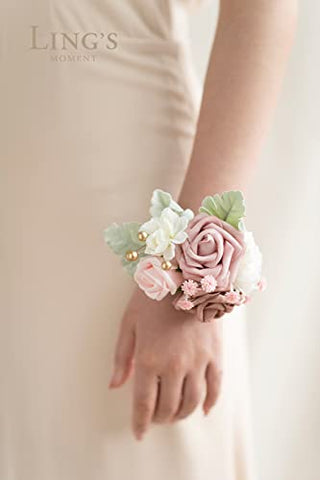 Ling's Moment Wrist Corsages for Wedding(Set of 2), Dusty Rose Corsages for Wedding Mother of Bride and Groom, Prom Flowers