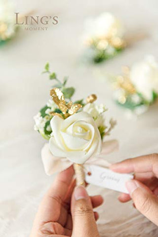 Ling's Moment Ivory & Greenery Eucalyptus Boutonniere for Men Wedding with Pins, Set of 6, Groom and Groomsmen Boutonniere for Wedding Ceremony Anniversary, Dinner Party, Prom Flowers