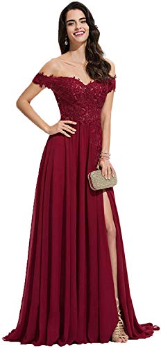 Dimei Lace Off Shoulder Prom Dresses Long with Slit A-Line Chiffon Bridesmaid Dresses for Women Formal Dresses with Train Watermelon 2