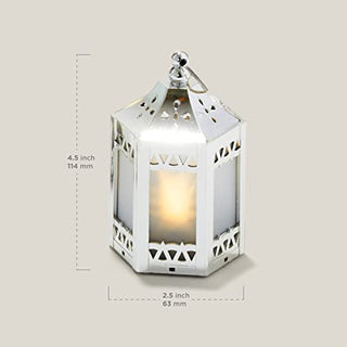 Silver Mini Lanterns with LED Star - 4.5 Inch Tall, Warm White 3D Holographic Star Light, Eid & Ramadan Decorations or Winter Wedding Centerpiece, Batteries Included - Set of 6