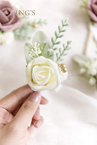 Ling's Moment Dusty Rose Boutonniere for Men Wedding with Pins, Set of 6, Groom and Groomsmen Boutonniere for Wedding Ceremony Anniversary, Dinner Party, Prom Flowers and Fall Vintage Wedding