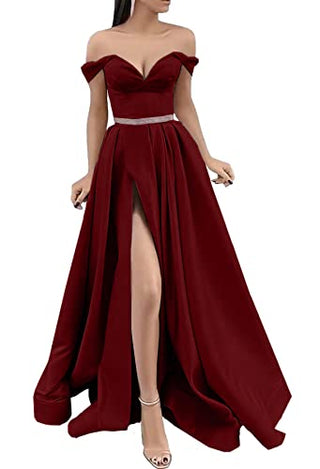 ANGELWARDROBE Off Shoulder Prom Dresses Long for Women Empire Waist Satin Formal Evening Gown with Slit Burgundy Beaded Belt Size 6