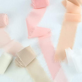 6 Rolls Handmade Fringe Chiffon Silk Ribbon Nude Pink
