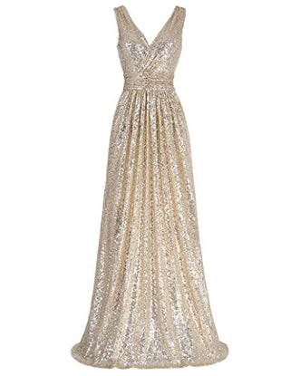 Kate Kasin V Neck Shining Sequin Evening Plus Size Prom Dress Light Gold US12 KK199