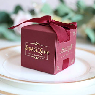 DORIS HOME 50pcs 2.5 * 2.5 * 2.5 Inch Burgundy Birthday Wedding Party Favor Boxes,Wedding Gift Bags Chocolate Candy and Gift Boxes Bridal Shower Party Paper Gift Boxes with Ribbons