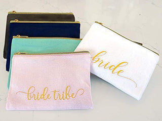 Heather & Willow 8 Piece Set | Bride Tribe Bridesmaid Gifts Bags, Canvas Makeup Bags Cosmetic Clutch & Purse | Bachelorette Party Favors | Bridesmaid Proposal Box for Wedding Bridal Shower - Blush