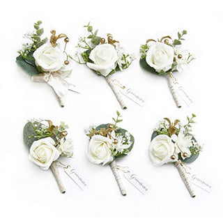 Ling's Moment Ivory & Greenery Eucalyptus Boutonniere for Men Wedding with Pins, Set of 6, Groom and Groomsmen Boutonniere for Wedding Ceremony Anniversary, Dinner Party, Prom Flowers