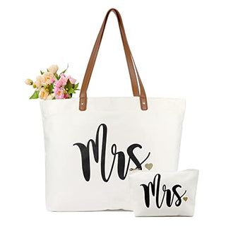 Lamyba Bride Tote Bag with Makeup Bag,Bride Gifts/Bridal Shower Gifts for Bride,Canvas White