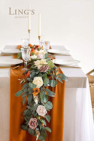 Ling's Moment Eucalyptus Garland with Flowers 6FT，Table Runner with Flowers Terracotta Handcrafted Wedding Centerpieces for Rehearsal Dinner Bridal Shower | Sunset Terracotta