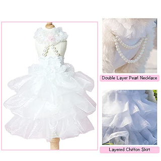 WORDERFUL Dog Wedding Dress Bride Outfit with Pearl Necklace and Rose Pet Princess Formal Apparel for Puppy Cat (Medium)