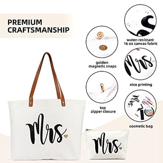 Lamyba Bride Tote Bag with Makeup Bag,Bride Gifts/Bridal Shower Gifts for Bride,Canvas White