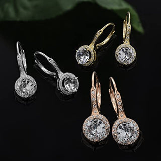 MIA SARINE Women's Earrings - 925 Sterling Silver Brilliant Cut Crystal Halo Leverback Dangle Bridal Earrings, White