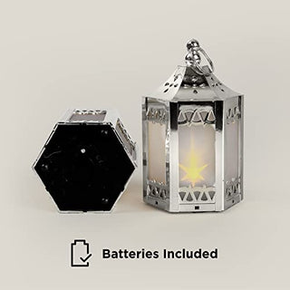 Silver Mini Lanterns with LED Star - 4.5 Inch Tall, Warm White 3D Holographic Star Light, Eid & Ramadan Decorations or Winter Wedding Centerpiece, Batteries Included - Set of 6