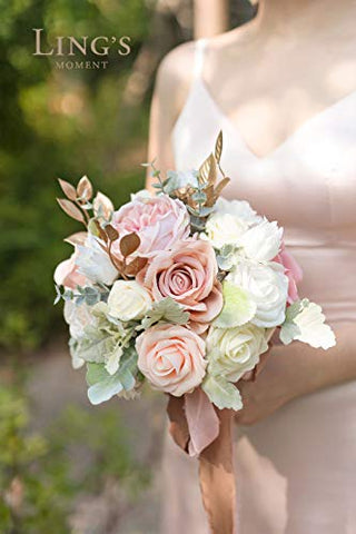 Ling's Moment Classic Dusty Rose 9 Inch Artificial Flowers Wedding Bouquets for Bridesmaid - Tossing Bouquet - Bridal Bouquet for Wedding Ceremony Anniversary, Bridal Shower and French Rustic Wedding