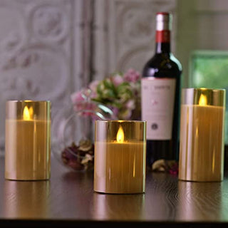 Led Flameless Candles, Battery Operated Flickering Candles Pillar Real Wax Moving Flame Electric Candle Sets Gold Glass with Remote Timer for Home Fireplace Xmas Decor, 4 in,5 in,6 in,3 Pack