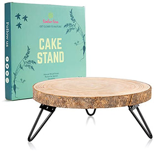 timber tree 10 inch Wood Cake Stand for Dessert Table - Round Rustic Cake Holder Tray Wooden Serving Platter Pedestal Centerpiece Decoration with Sturdy Hinged Metal Legs for Wedding Cakes