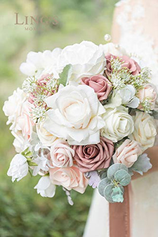 Ling's moment 11 Inch Dusty Rose Artificial Flowers Wedding Bouquets for Bride - Bridal Bouquet for Wedding Ceremony Anniversary, Bridal Shower, Party and French Rustic Vintage Wedding