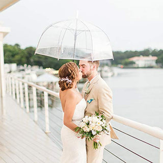 WASING 10 Pack 46 Inch Clear Bubble Umbrellas Wedding Style Large Canopy Transparent Stick Umbrellas Auto Open Windproof with White European J Hook Handle Outdoor Umbrella for Adult