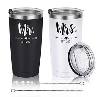 Mr and Mrs Est 2021 Tumbler Set of 2, Stainless Steel Travel Tumbler Idea for Newlyweds Couples Wife Bride To Be Newly Engaged Bridal Shower, 20oz Insulated Tumbler for Wedding Engagement, Black&White