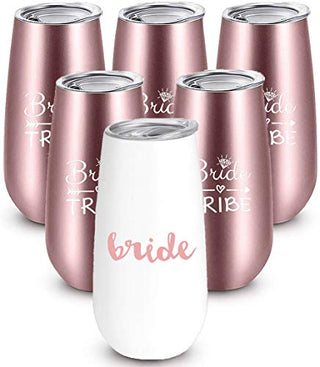 Bride to Be Champagne Flute | 6 oz Bride Tribe Stainless Steel Wine Tumblers | Bridal Shower Gift, Bridesmaid Proposal Box, Bachelorette Party Supplies | Bridal Party Rose Gold Cups & Bridesmaid Cups