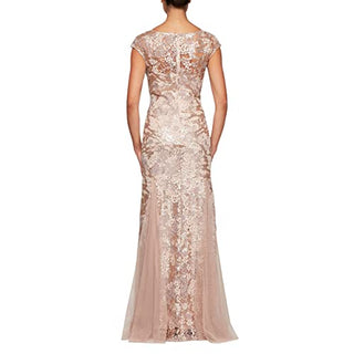Long V Neck Fit and Flare Dress with Shawl (Petite Regular), Rose Gold, 6