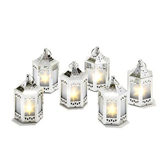 Silver Mini Lanterns with LED Star - 4.5 Inch Tall, Warm White 3D Holographic Star Light, Eid & Ramadan Decorations or Winter Wedding Centerpiece, Batteries Included - Set of 6
