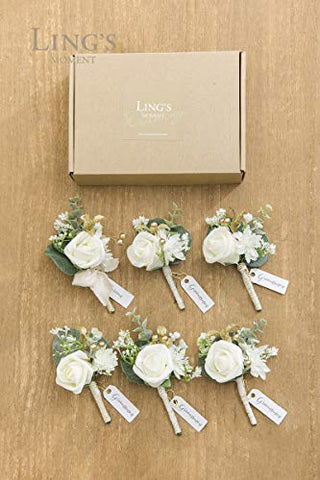 Ling's Moment Ivory & Greenery Eucalyptus Boutonniere for Men Wedding with Pins, Set of 6, Groom and Groomsmen Boutonniere for Wedding Ceremony Anniversary, Dinner Party, Prom Flowers