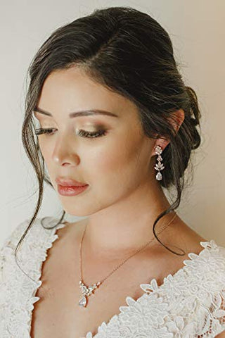 SWEETV Rose Gold Teardrop Wedding Bridal Jewelry Set for Brides Women Bridesmaid, Crystal Rhinestone Backdrop Necklace Earring Sets for Wedding Prom Party