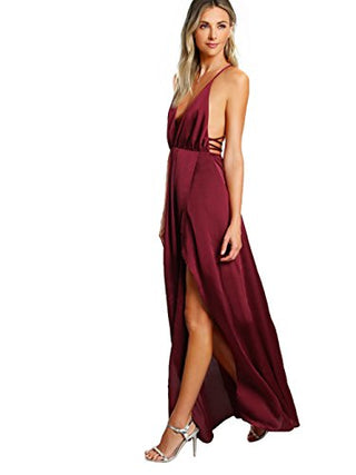 SheIn Women's Sexy Satin Deep V Neck Backless Maxi Club Party Evening Dress Burgundy X-Small