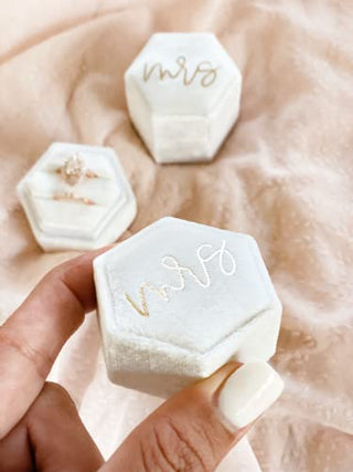 Mrs Wedding Ring Box With Gold Cursive Font | White Velvet Hexagon Ring Box for Proposal Bride Gift | Bridal Shower Gift