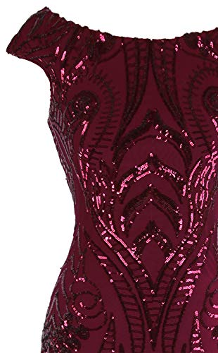 Angel-fashions Women's Bateau Cap Sleeve Floral Sequin Sheath V Back Evening Dress (XL, Red)