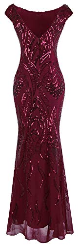 Angel-fashions Women's Bateau Cap Sleeve Floral Sequin Sheath V Back Evening Dress (XL, Red)