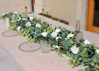 MISSPIN 6.9ft Eucalyptus Garland with Flowers -12 Lovely Peonies-Lush, Soft Artificial Eucalyptus and Rose Garland Decor, Floral Garland Greenery Garland for Wedding Table Decor （White,1）