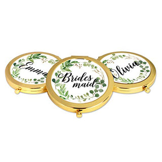 Andaz Press Compact Mirror Bridesmaid Wedding Gift, Gold, Greenery Green Leaves, 1-Pack, Bachelorette Bridal Shower Wedding Party Gifts