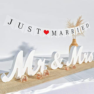VIOPVERY Wedding Decorations Set,Large Mr and Mrs Sign & Just Married Banner,Mr & Mrs Signs for Wedding Table,Wooden Letters Sweetheart Table,Photo Props Wedding Decorations for Anniversary,White