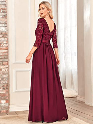 Ever-Pretty Women Lace Elegant 3/4 Sleeve Chiffon Maxi Wedding Guest Dress Burgundy US10