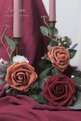 floroom Artificial Flowers 25pcs Real Looking Burgundy Foam Fake Roses with Stems for DIY Wedding Bouquets Red Bridal Shower Centerpieces Party Decorations