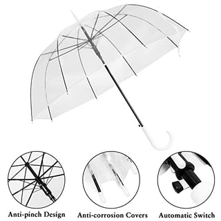 WASING 10 Pack 46 Inch Clear Bubble Umbrellas Wedding Style Large Canopy Transparent Stick Umbrellas Auto Open Windproof with White European J Hook Handle Outdoor Umbrella for Adult