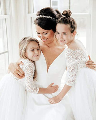 Girl Toddler Full-Length Straight Tulle Tutu Lace Back Party Flower Girl Dress (3-4T, Sleeve-White)