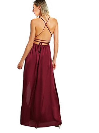 SheIn Women's Sexy Satin Deep V Neck Backless Maxi Club Party Evening Dress Burgundy X-Small